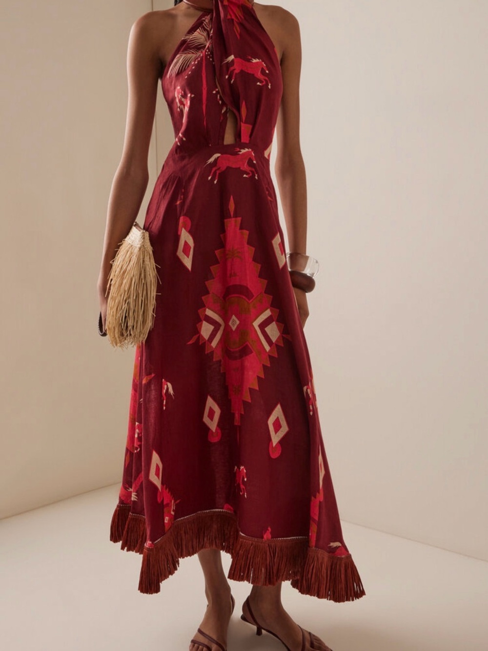 Johanna Ortiz Red Western Halter Midi Dress